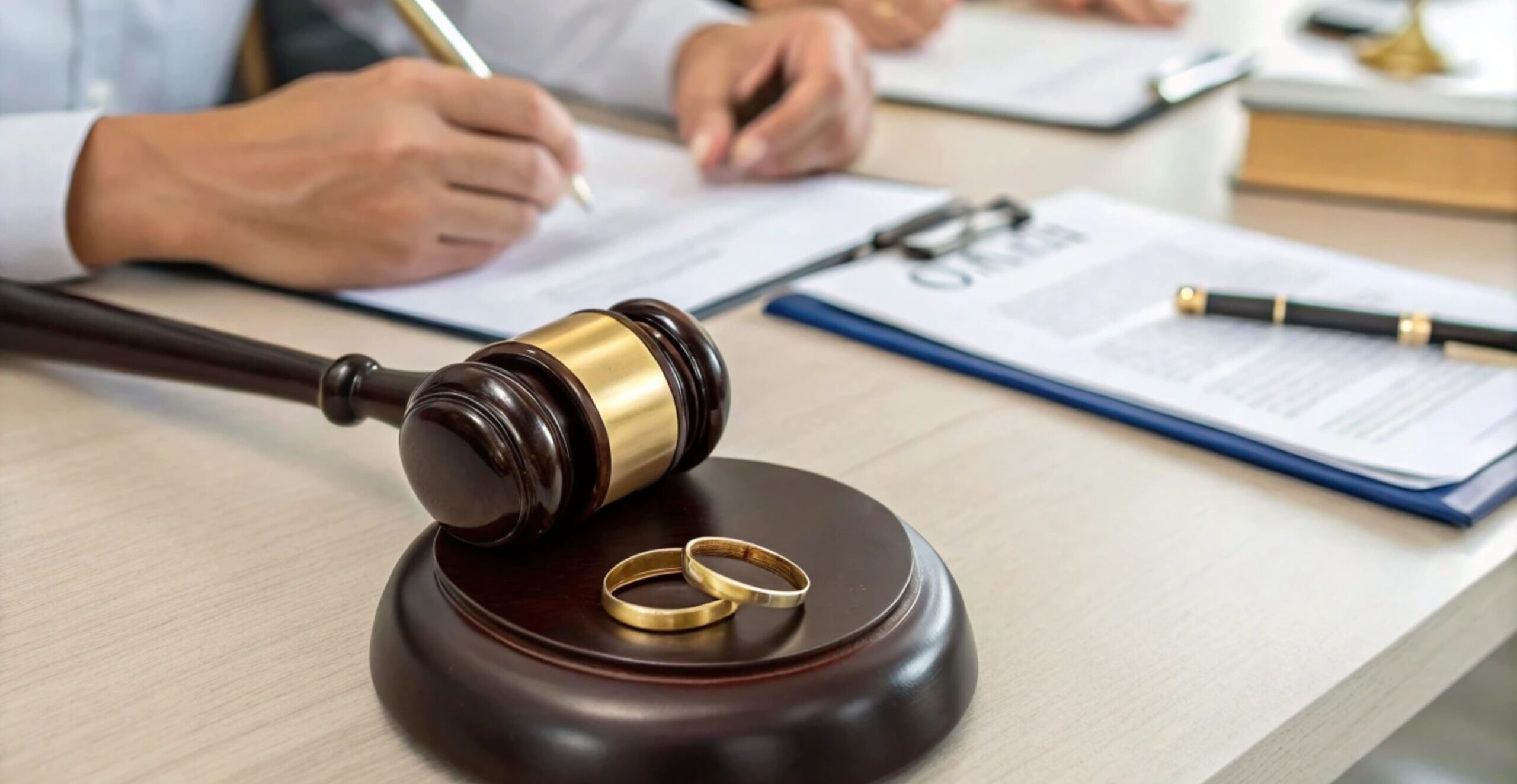 Divorce Proceedings Discussion with Gavel and Wedding Rings generative ai