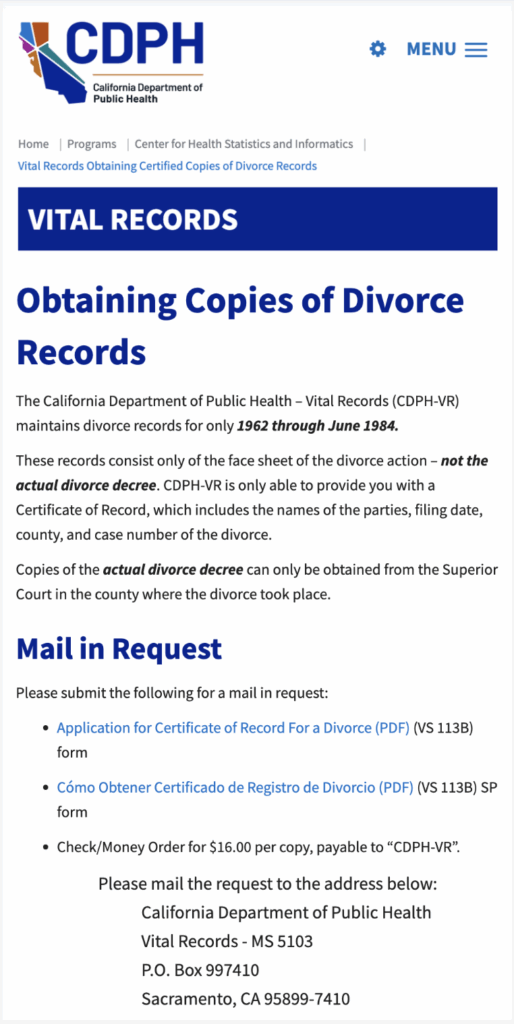 Obtaining copies of divorce records
